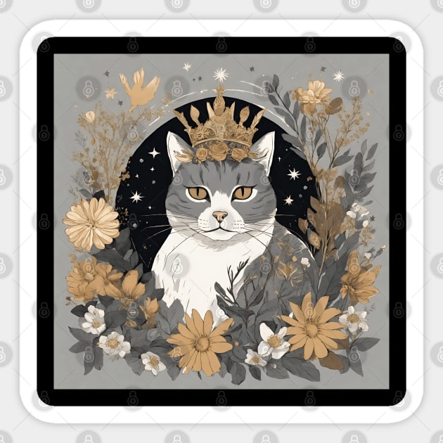 Royal Feline - Cat with Crown and Flowers Sticker by Alihassan-Art